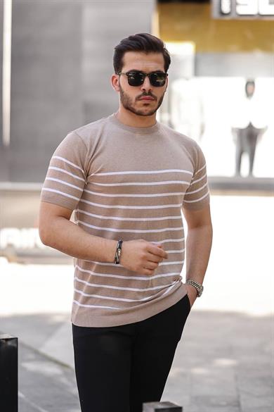Bej Çizgili Basic Örme Triko Tshirt