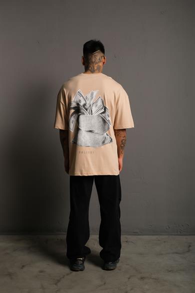 Bej Dolar Baskılı Oversize Basic Tshirt