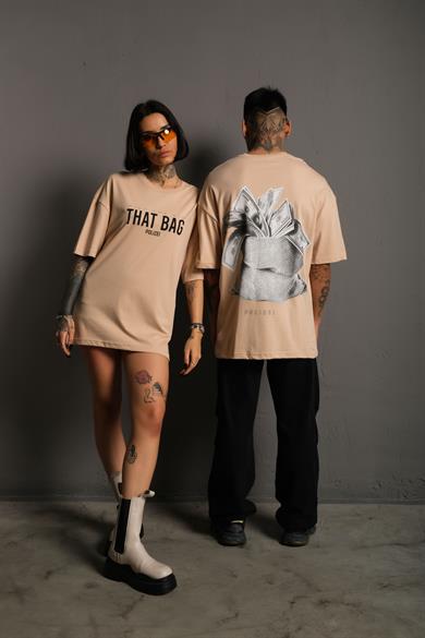 Bej Dolar Baskılı Oversize Basic Tshirt
