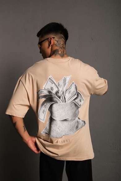 Bej Dolar Baskılı Oversize Basic Tshirt