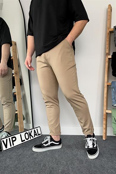 Bej Duble Paça Örme Kumaş Likralı Jogger