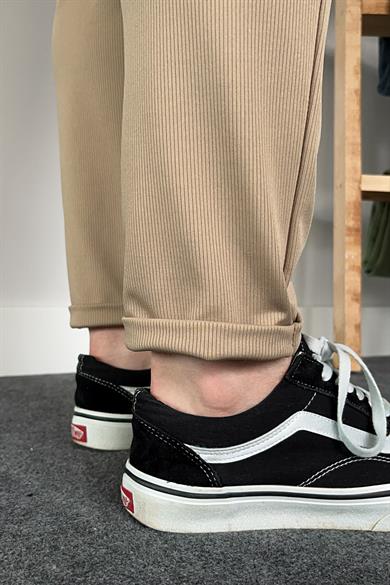Bej Duble Paça Örme Kumaş Likralı Jogger