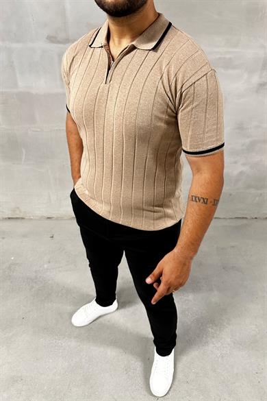 Bej Fermuarlı Polo Yaka Örme Triko Tshirt