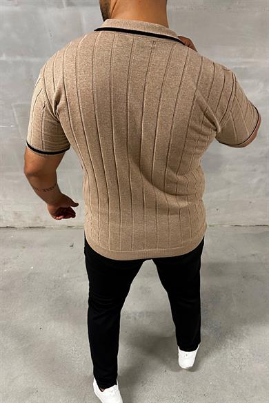 Bej Fermuarlı Polo Yaka Örme Triko Tshirt