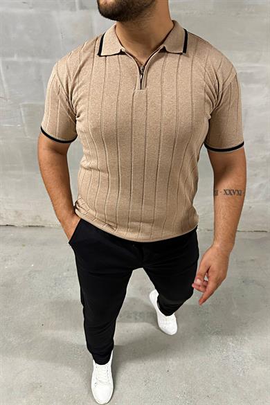 Bej Fermuarlı Polo Yaka Örme Triko Tshirt