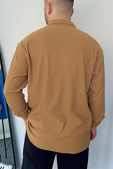Bej Fitilli  Apaç Yaka Dokulu Likralı Pamuk Gömlek