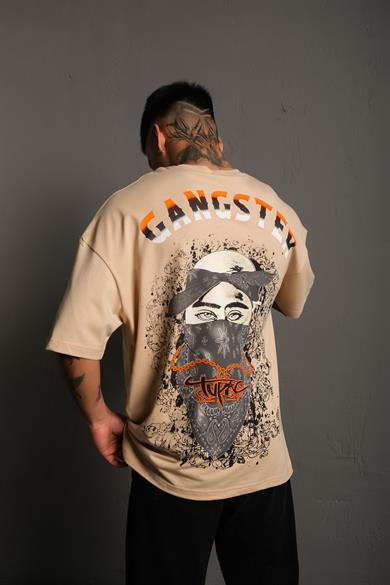 Bej Gangster Paradise Baskılı Oversize Basic Tshirt