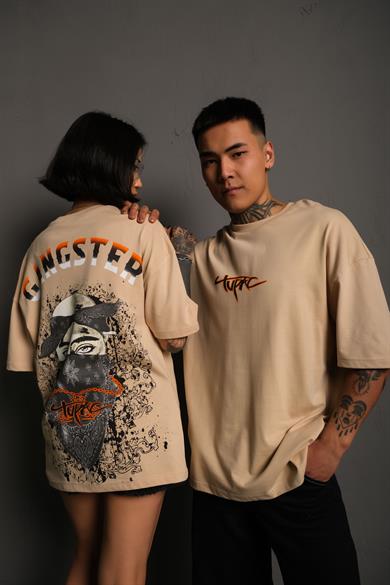 Bej Gangster Paradise Baskılı Oversize Basic Tshirt