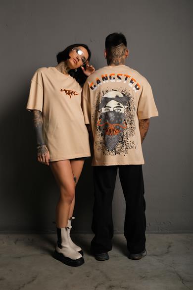 Bej Gangster Paradise Baskılı Oversize Basic Tshirt