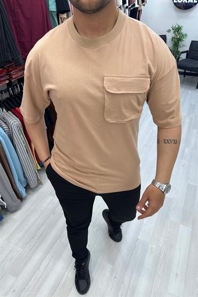 Bej Göğüs Cep Oversize Tshirt