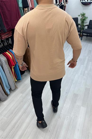 Bej Göğüs Cep Oversize Tshirt