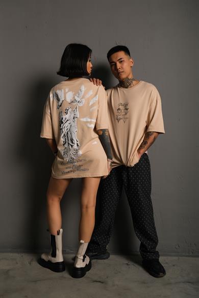 Bej Heykel 22 Baskılı Oversize Basic Tshirt