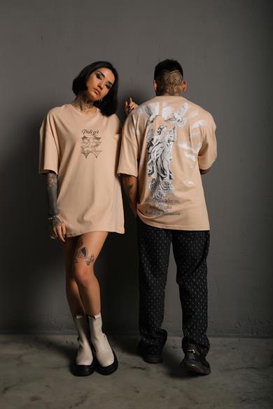 Bej Heykel 22 Baskılı Oversize Basic Tshirt