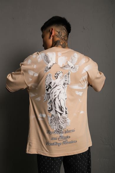 Bej Heykel 22 Baskılı Oversize Basic Tshirt