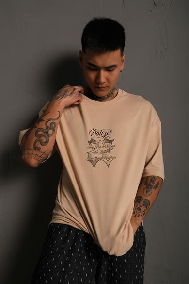 Bej Heykel 22 Baskılı Oversize Basic Tshirt