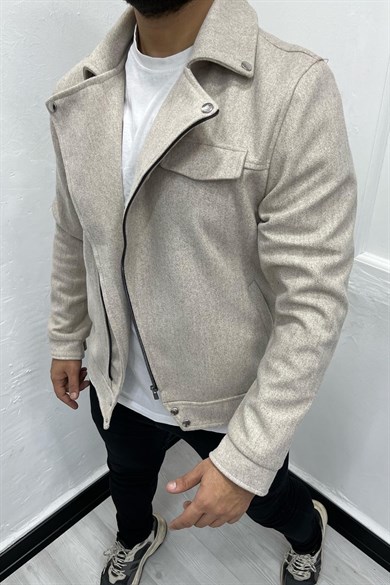 Bej Kuzey Model Fermuarlı Kaşe Ceket