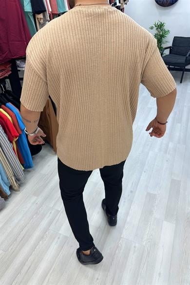Bej Oversize Fitilli Triko Tshirt