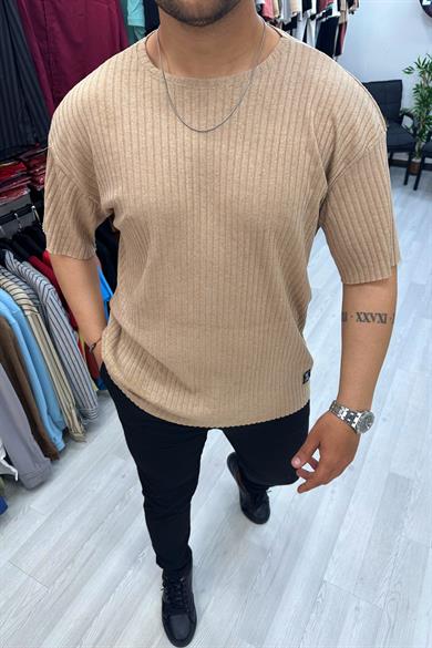 Bej Oversize Fitilli Triko Tshirt