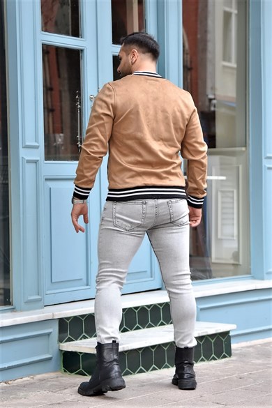 Bej Ribanası Şeritli Slim Fit Nubuk Ceket