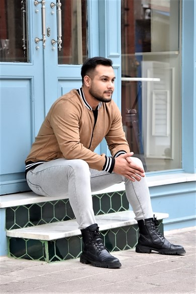 Bej Ribanası Şeritli Slim Fit Nubuk Ceket