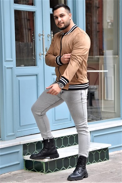 Bej Ribanası Şeritli Slim Fit Nubuk Ceket