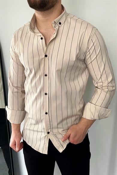 Bej Slim Fit Çizgili Poplin Gömlek