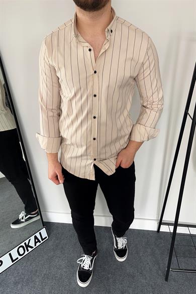 Bej Slim Fit Çizgili Poplin Gömlek