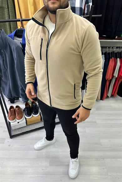 Bej Tam Fermuarlı Polar Ceket