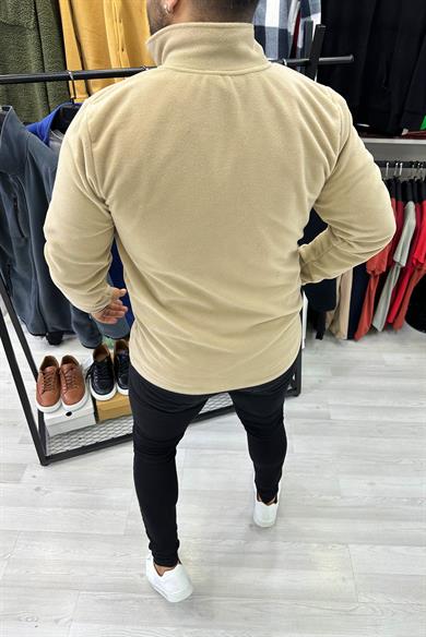 Bej Tam Fermuarlı Polar Ceket
