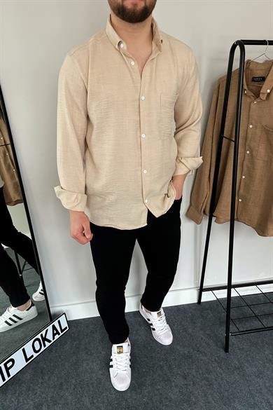 Bej Tek Cep Keten Gömlek