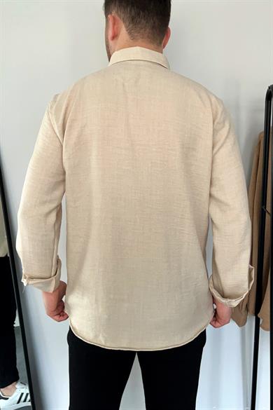 Bej Tek Cep Keten Gömlek