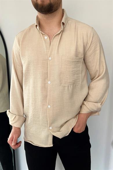 Bej Tek Cep Keten Gömlek