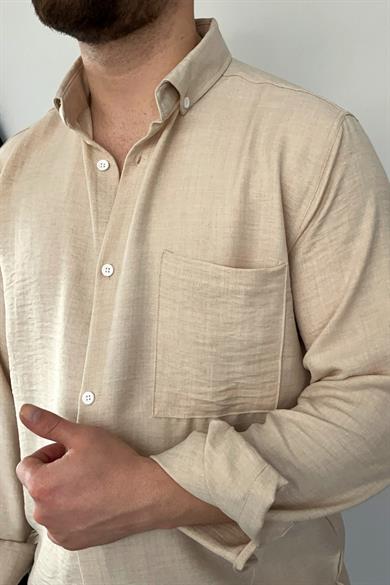 Bej Tek Cep Keten Gömlek