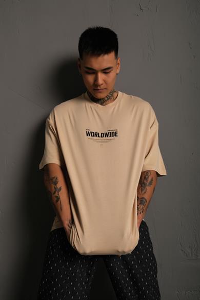 Bej Tupac Wordwide Baskılı Oversize Basic Tshirt