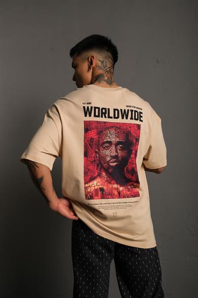 Bej Tupac Wordwide Baskılı Oversize Basic Tshirt