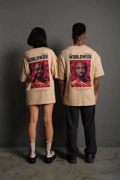 Bej Tupac Wordwide Baskılı Oversize Basic Tshirt