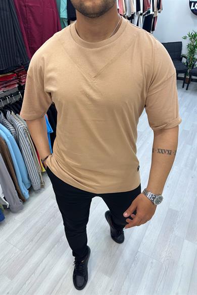 Bej V Desenli Oversize Tshirt