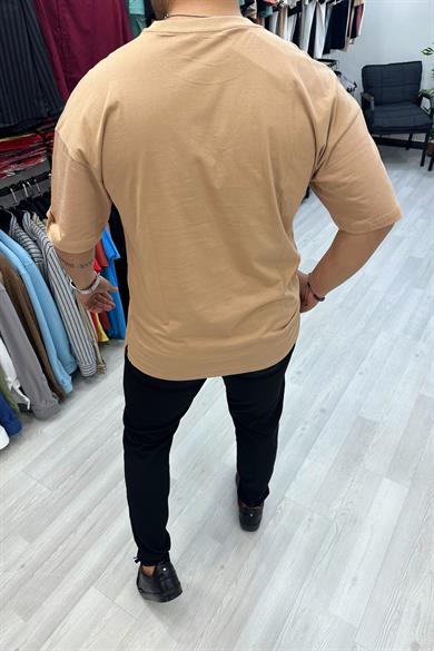 Bej V Desenli Oversize Tshirt