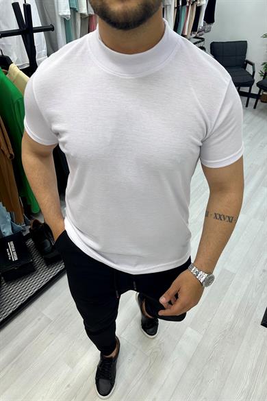 Beyaz Balıkçı Yaka Likralı Triko Tshirt