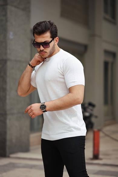 Beyaz Basic Örme Triko Tshirt