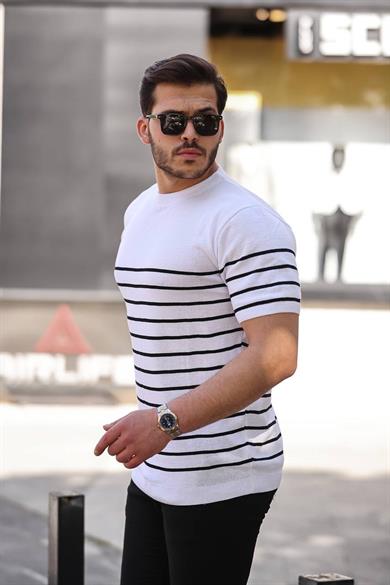 Beyaz Çizgili Basic Örme Triko Tshirt