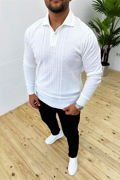 Beyaz Desenli Polo Yaka Pamuk Triko Kazak