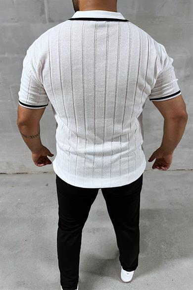 Beyaz Fermuarlı Polo Yaka Örme Triko Tshirt