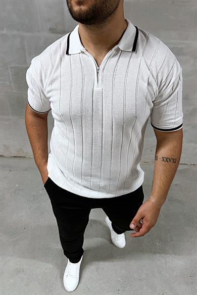 Beyaz Fermuarlı Polo Yaka Örme Triko Tshirt
