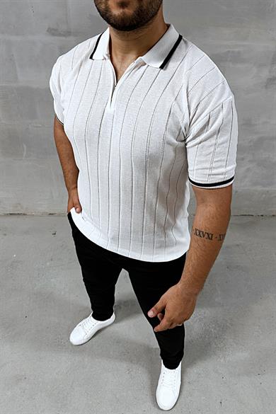 Beyaz Fermuarlı Polo Yaka Örme Triko Tshirt