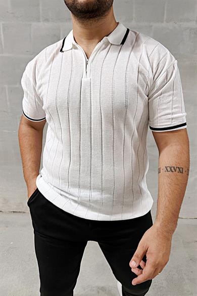 Beyaz Fermuarlı Polo Yaka Örme Triko Tshirt