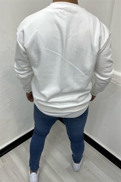 Beyaz Kartal Baskılı İçi Polar Oversize Sweatshirt