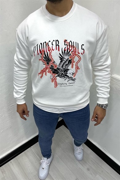 Beyaz Kartal Baskılı İçi Polar Oversize Sweatshirt