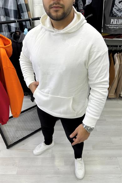 Beyaz Oversize Kapüşonlu Sweat