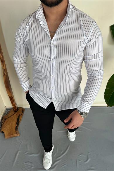 Beyaz Slim Fit Çizgili Gömlek